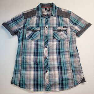 Rock Republic Shirt Mens Medium Green Blue Gray Plaid Short Sleeve Button Up‎